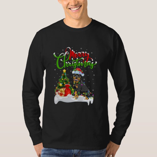 Camiseta Rottweiler Cachorro Lover Xmas Iluminação Rottweil (Frente)