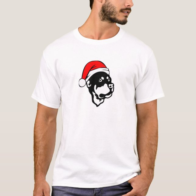 Camiseta Rottweiler Cachorro vestindo Natal Vermelho Chapéu (Frente)