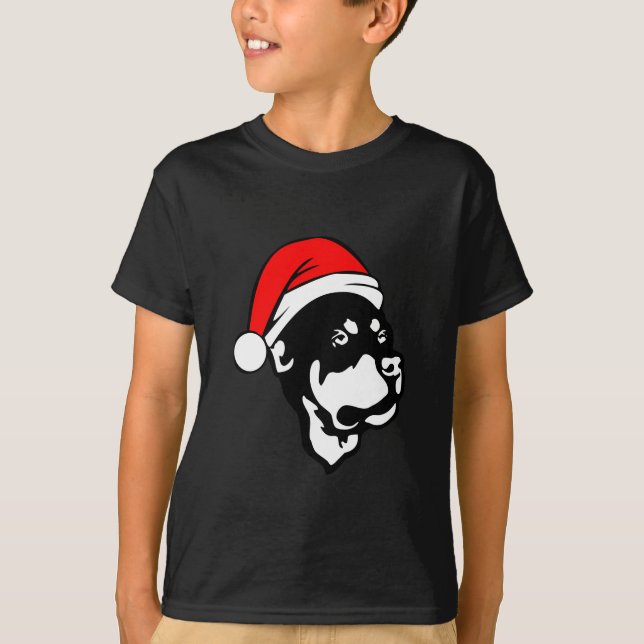 Camiseta Rottweiler Cachorro vestindo Natal Vermelho Chapéu (Frente)