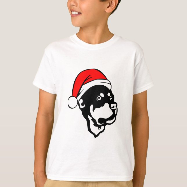 Camiseta Rottweiler Cachorro vestindo Natal Vermelho Chapéu (Frente)