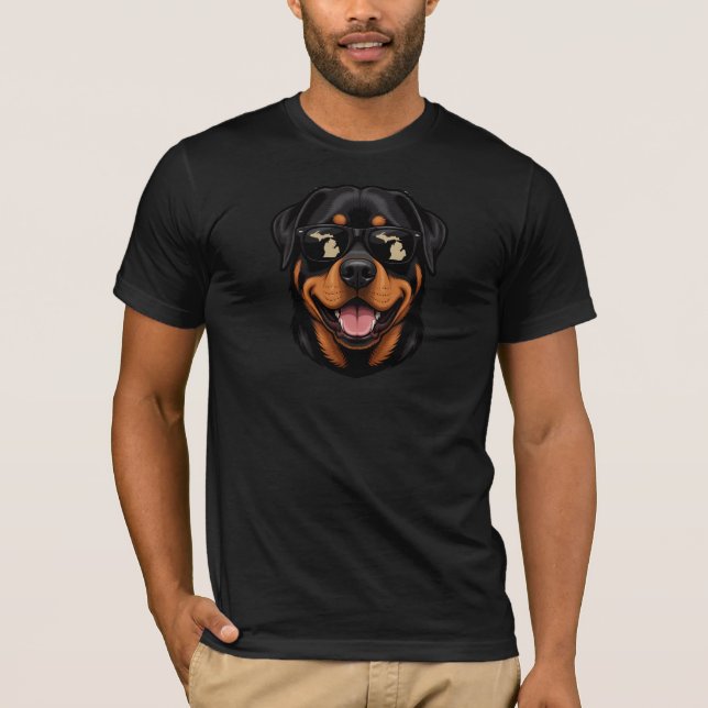 Camiseta Rottweiler de Michigan Usando Óculos de Sol (Frente)