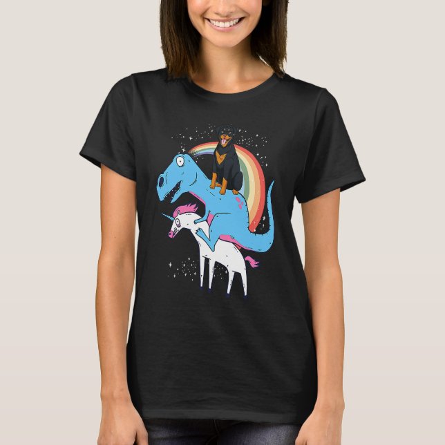 Camiseta Rottweiler Dinosaur Riding Unicorn Kids Men Rainbo (Frente)