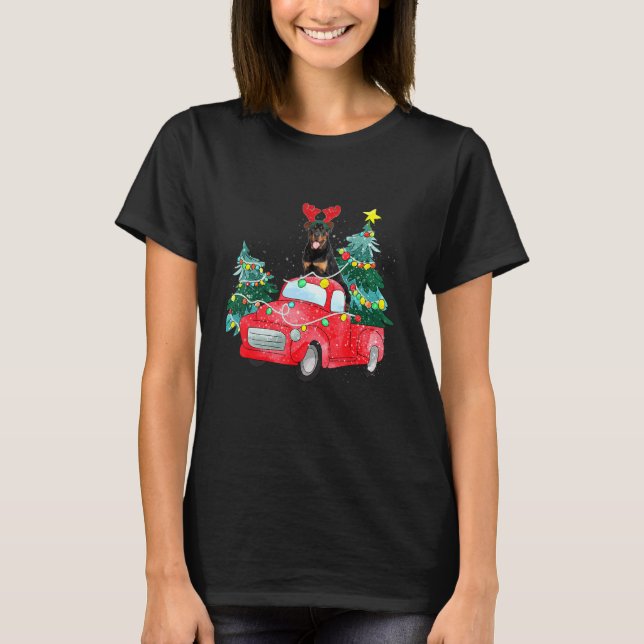 Camiseta Rottweiler Ride Red Truck Christmas Dog  Xmas Paja (Frente)