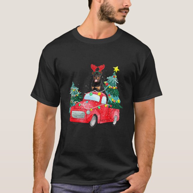 Camiseta Rottweiler Ride Red Truck Christmas Dog  Xmas Paja (Frente)