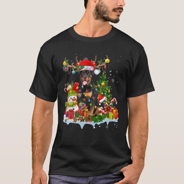 Camiseta Rottweiler Santa Hat Reindeer Luzes De Natal Paj (Frente)