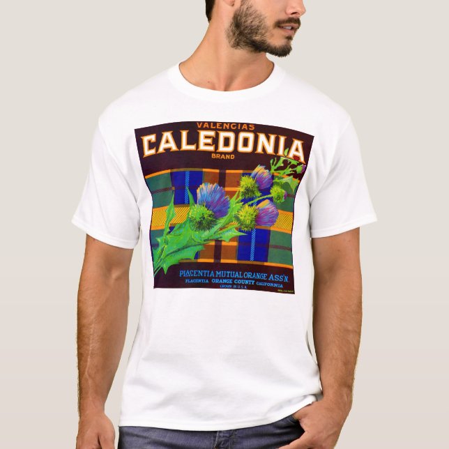 Camiseta Rótulo da caixa laranja da Caledonia 1930 (Frente)