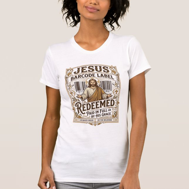 Camiseta Rótulo de Código de Barras de Jesus Resgatado Rótu (Frente)