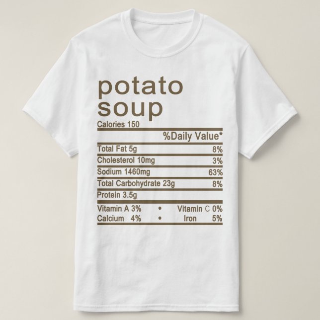 Camiseta Rótulo de Fatos Nutricionais para a sopa de batata (Frente do Design)