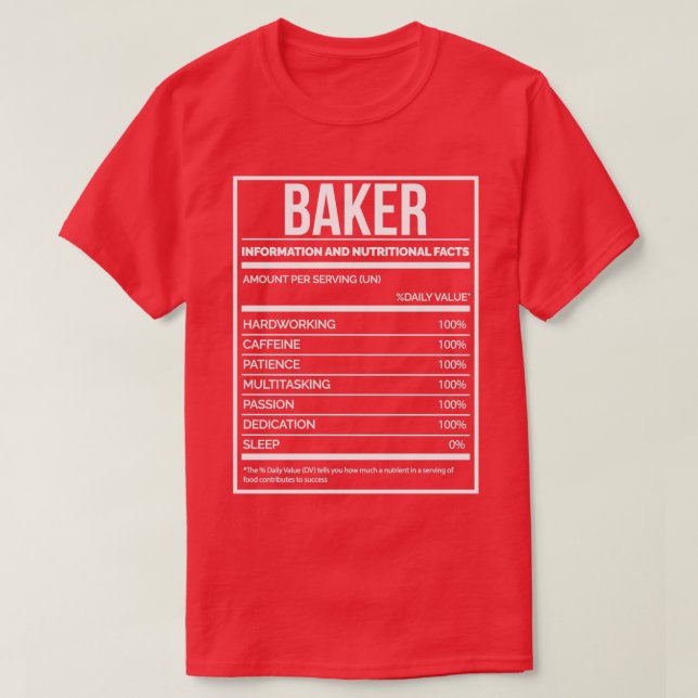 Camiseta Rótulo de Nutrição para Baking Funny Baker (Frente do Design)