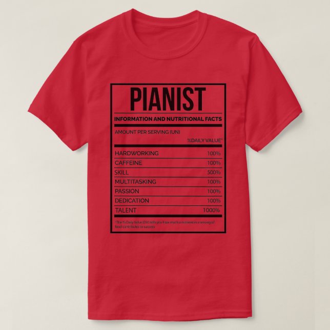 Camiseta Rótulo de Nutrição Pianista Engraçado (2)  (Frente do Design)