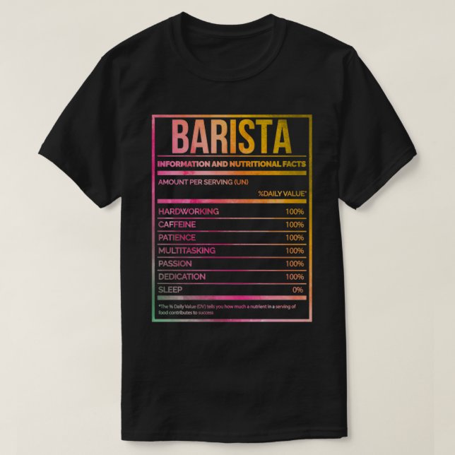 Camiseta Rótulo Nutricional Baristas Baristas Baristas Bari (Frente do Design)