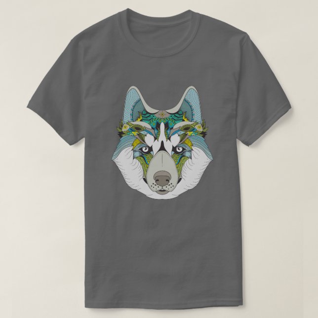 Camiseta Rouco de lobo embelezado de azul verde (Frente do Design)