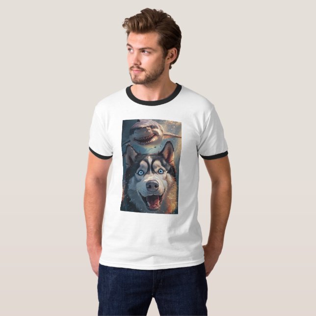 Camiseta Rouco e tubarão Fantasia Submarina Ringer Tee (Frente Completa)