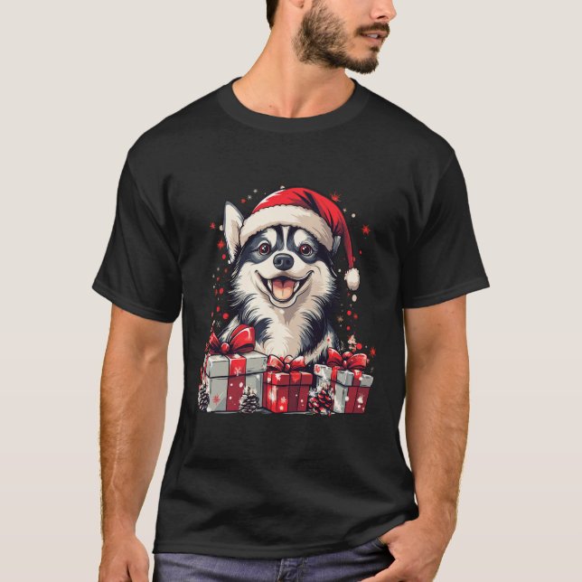 Camiseta Rouco Santa Hat Engraçado Natal Siberian Husky (Frente)