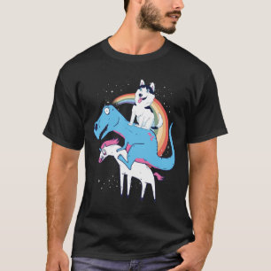 Camiseta Rouco Unicorn Rex Siberian Husky Dinossaur Riding