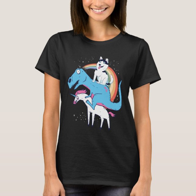 Camiseta Rouco Unicorn Rex Siberian Husky Dinossaur Riding (Frente)