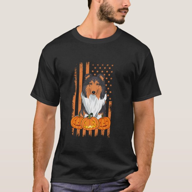 Camiseta Rough Collie Dog American Flag Patriotic Halloween (Frente)