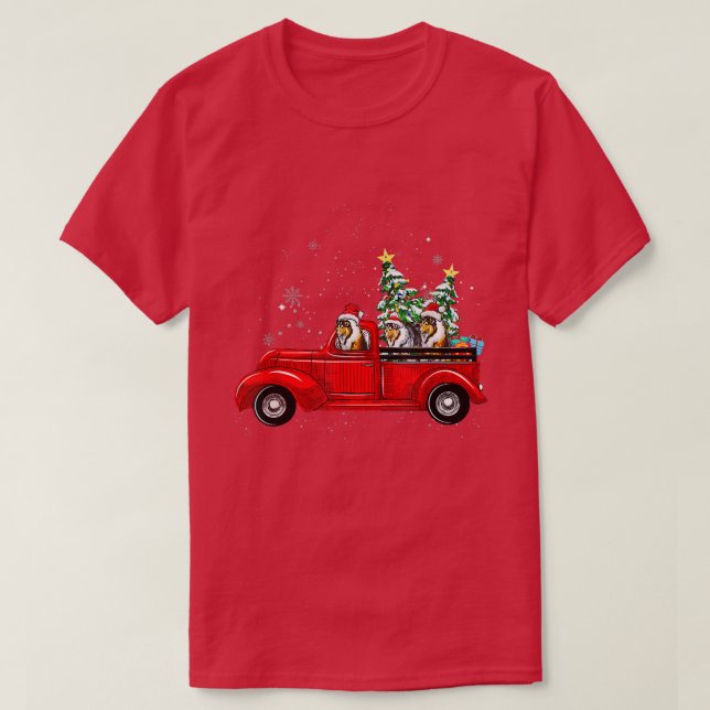 Camiseta Rough Collie Dog Driving Xmas Truck Christmas Tree (Frente do Design)