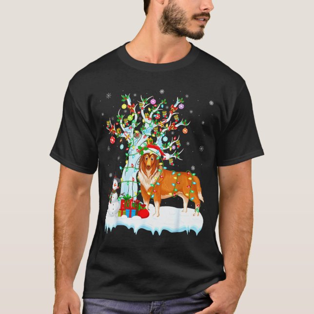 Camiseta Rough Collie Dog Xmas Tree Lighting Rough Collie C (Frente)