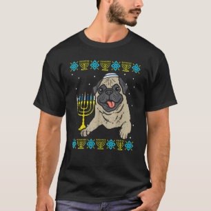Camiseta Roupa de Hanukkah feia com Menorah do cão Pug jude