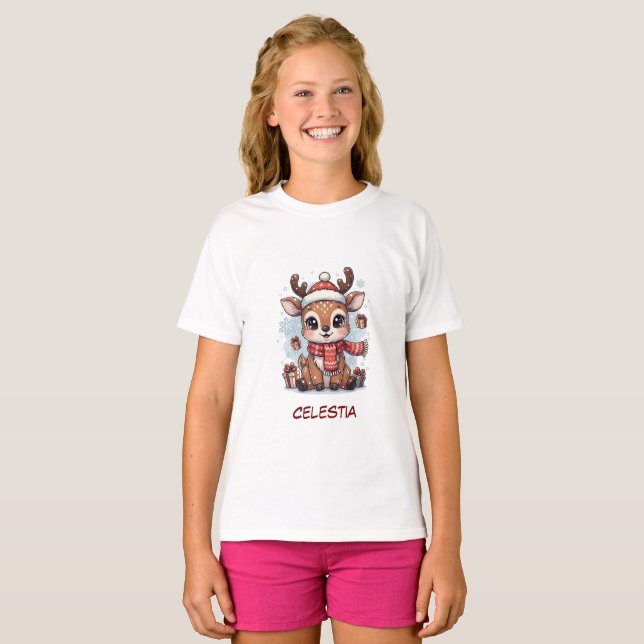 Camiseta Roupa de Natal Personalizada de Rena Fofa para Beb (Frente Completa)