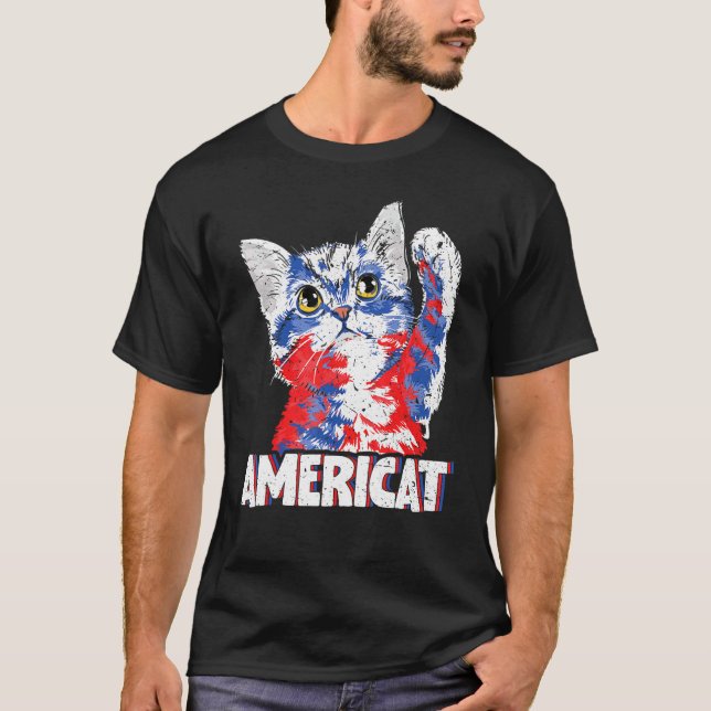 Camiseta Roupas de Gato com Tons de Bandeira dos EUA 4 de J (Frente)