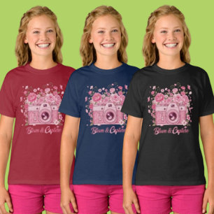 Camiseta Roupas de Meninas com Câmera Floral Rosa