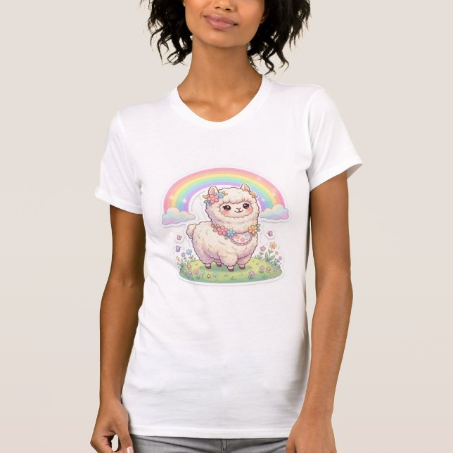 Camiseta Roupas Gráficas de Alpaca Kawaii Fofa com Flores e (Frente)