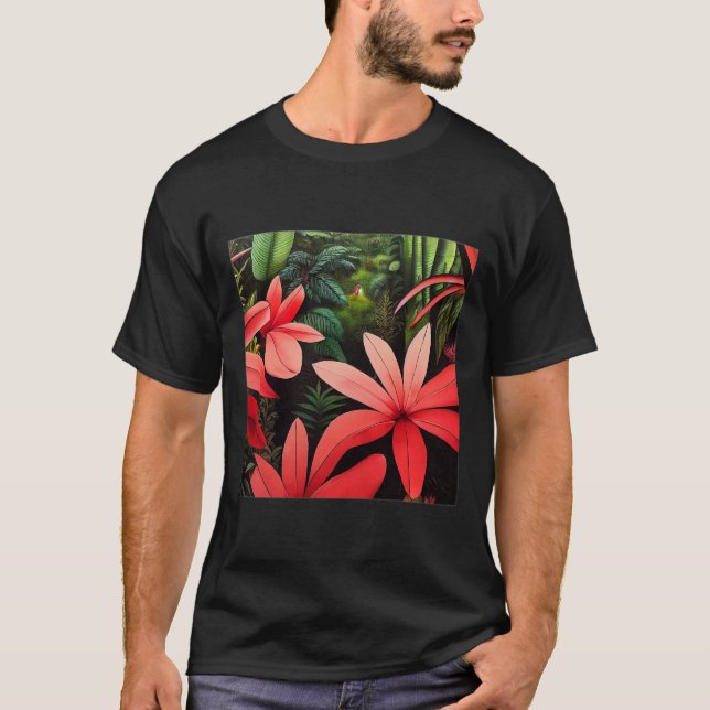 Camiseta Rousseau Selva Flores Básicas de T-Shirt Escuro (Frente)