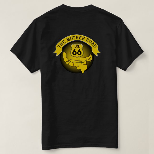 Camiseta Route 66 Mãe Road Mens T-shirt Dourada/Preta (Verso do Design)
