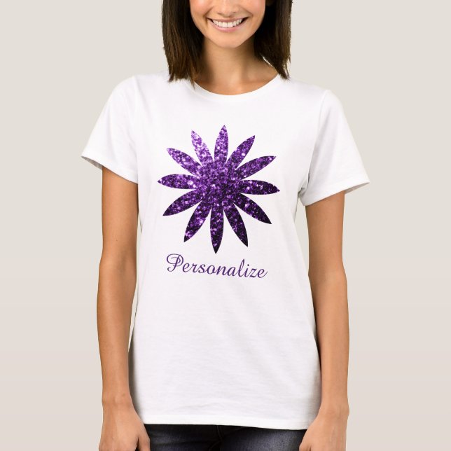 Camiseta Roxo escuro brilho glitter flor Personalize (Frente)