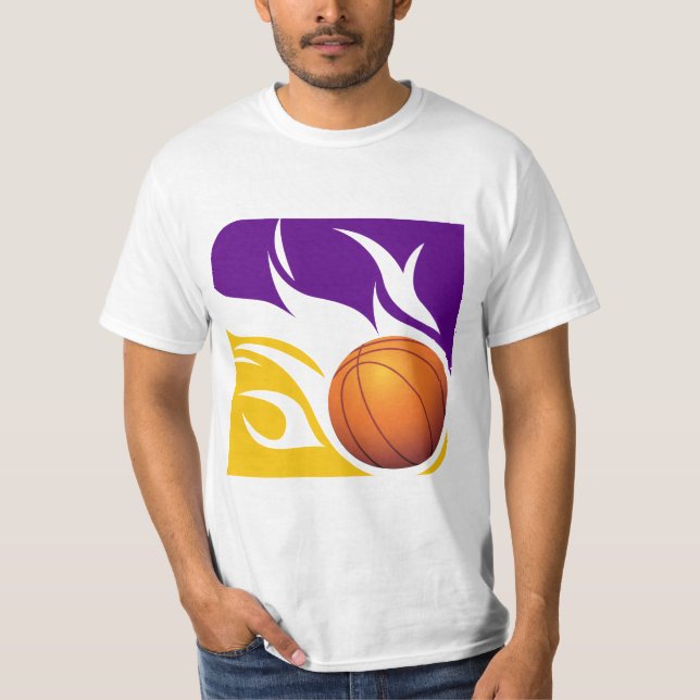 Camiseta Roxo flamejante e ouro do basquetebol (Frente)