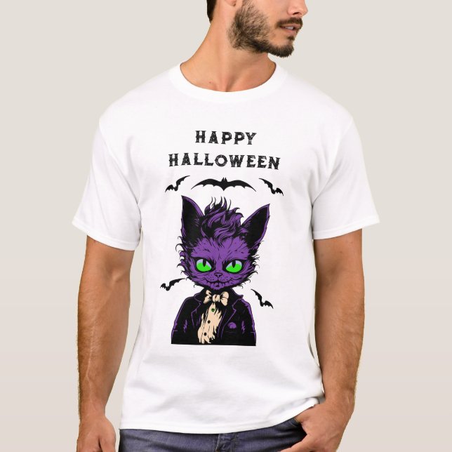Camiseta Roxo Halloween Cat (Frente)