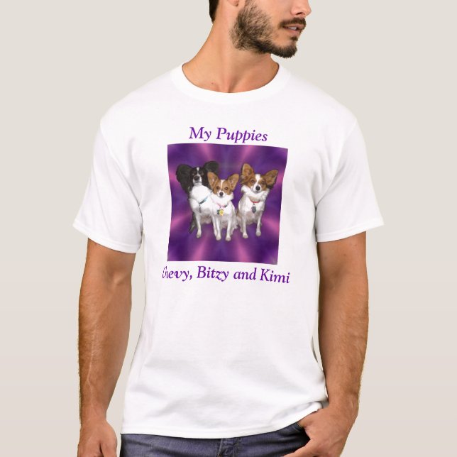 Camiseta roxo, meus filhotes de cachorro, Chevy, Bitzy e (Frente)