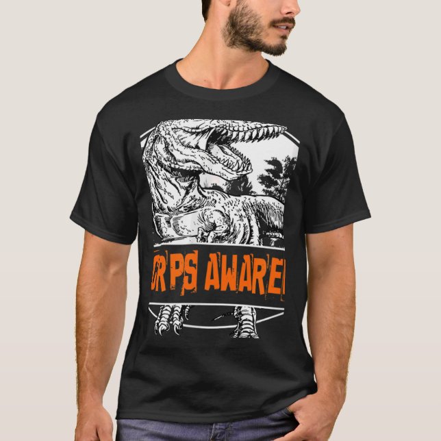 Camiseta RSD CRPS Sensibilização Dinossauro Faixa Laranja (Frente)
