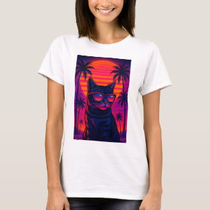 Camiseta Rtro 80s Sunset Cat com S-Shirt de óculos de sol