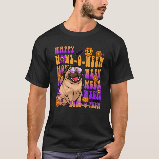 Camiseta Rtro Happy Howl entre Pug Dog Flower Groovy (Frente)
