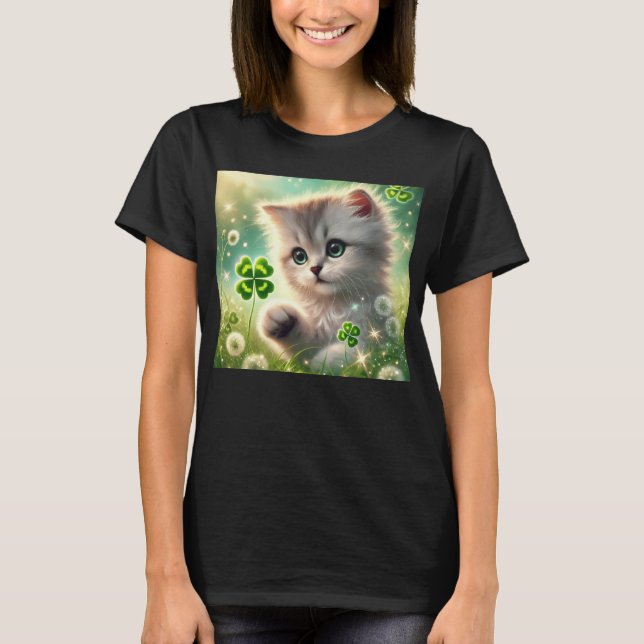 Camiseta Rua Adorável de Kitten. Trevo de 4 Folhas (Frente)
