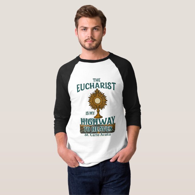 Camiseta Rua. Carlo Acutis Eucharist é a minha estrada para (Frente Completa)