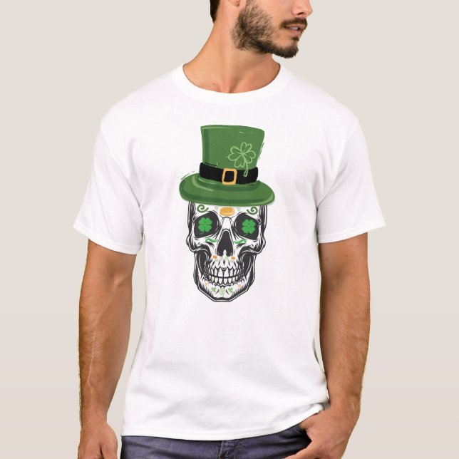 Camiseta Rua de Crânio do Açúcar Patrick Day Leprechaun Sha (Frente)
