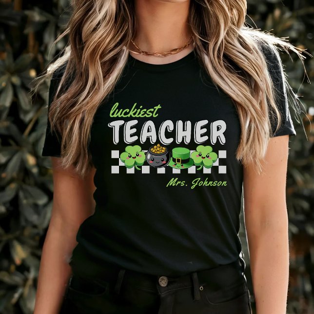Camiseta Rua de Retro do Professor Mais Feliz. (Luckiest Teacher Retro St. Patrick's Day Black T-Shirt
)