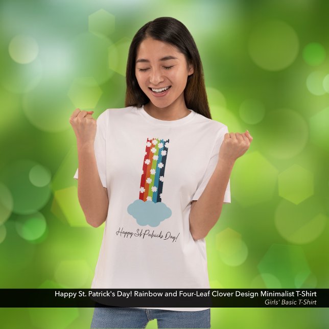 Camiseta Rua do dia de Patrick Rainbow 4-Leaf Clover Minima (Happy St. Patrick's Day T-Shirt with a Rainbow and Four-Leaf Clover Minimalist Design)