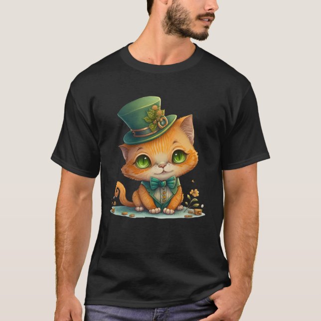 Camiseta Rua do gato Shamrock Patrick Day Leprechaun Hat Cu (Frente)
