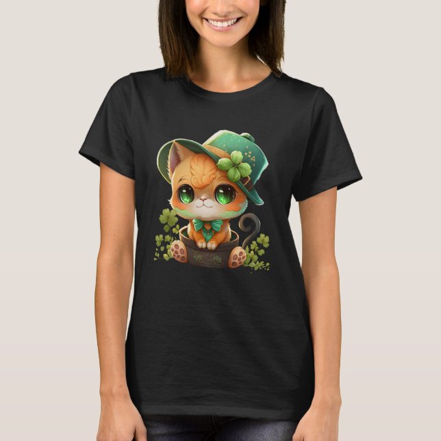 Camiseta Rua do gato Shamrock Patrick Day Leprechaun Hat Cu (Frente)