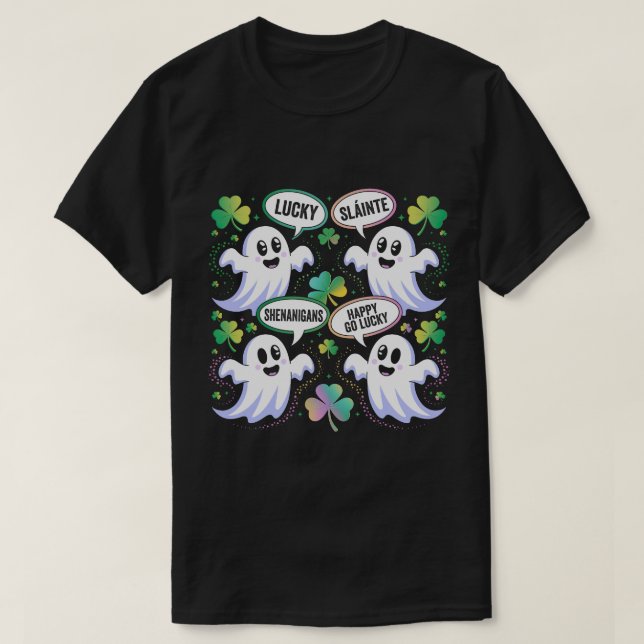 Camiseta Rua. Ghost Rainbow Ghost Shamrock do dia de Patric (Frente do Design)