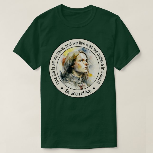 Camiseta Rua Joan of Arc Religerian cita presentes inspirad (Frente do Design)