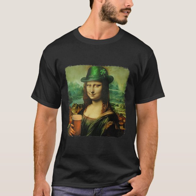 Camiseta Rua Mona Lisa Engraçada. Dia dos Patricks Shamrock (Frente)