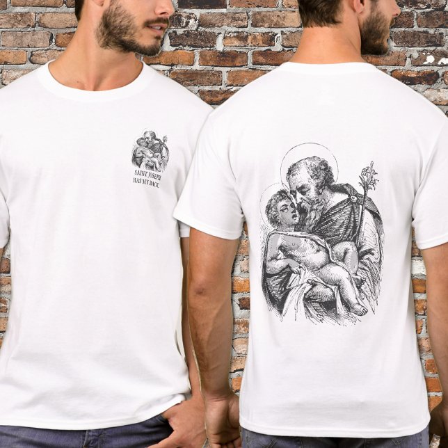 Camiseta Rua religiosa. José tem o meu Jesus (Black and White drawing of St. Joseph and the Child Jesus )
