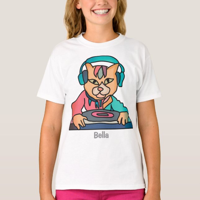 Camiseta Rua Retro Cat com Fones de ouvido | Engraçado (Frente)