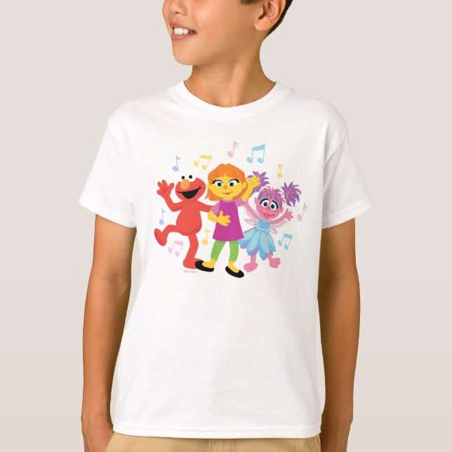 Camiseta Rua Sésamo | Dança Julia, Elmo e Abby (Frente)